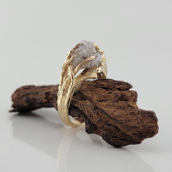 Rough Diamond Twig Engagement Ring - Yellow Gold Branch Design for Anniversary or Wedding
