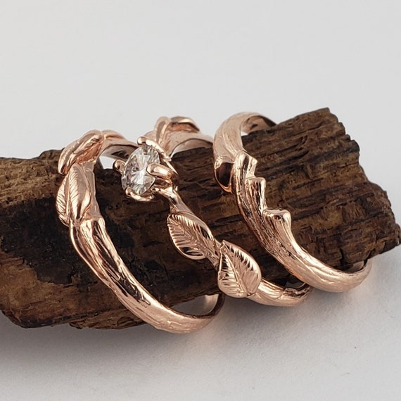 1/3 Carat Round Faceted Moissanite Leaf and Twig Three Band Bridal Set, Engagement Anniversary Ring by Dawn Vertrees