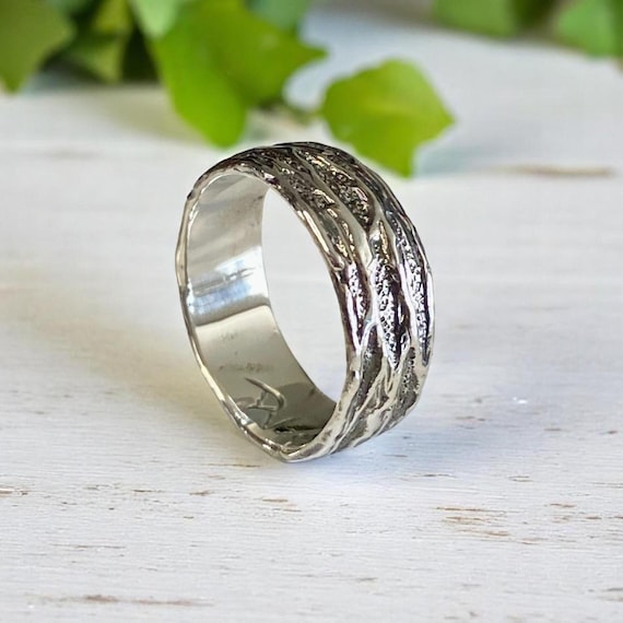 Sterling Silver Wood Texture Wide Men’s Wedding Band by DV Jewelry