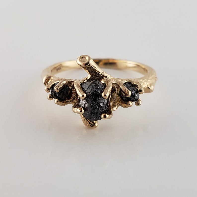 14k Yellow Gold 3 Black Rough Raw Diamond Engagement Ring by Dawn Vertrees image 3