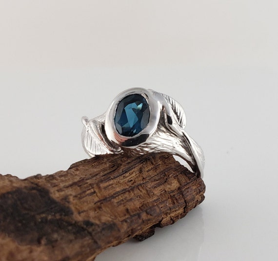 Leaf and Twig Gemstone Engagement Ring, Blue Topaz, Silver Birthstone Wedding Ring by DV Designs