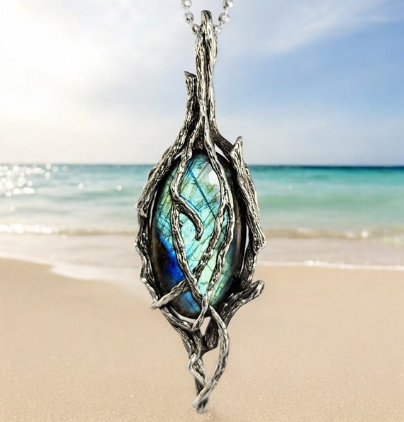 Labradorite Gemstone Silver Pendant - Unique Beach Jewelry Gift - Witchcore Jewelry