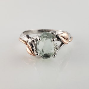 Hand Cut Aquamarine, 14k White Gold Twig Engagement Ring with 14k Rose Gold Leaves, Two Tone Wedding Ring image 2