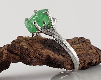 Hand-Cut Green Tsavorite Garnet in 14k White Gold Hand Sculpted Twig Engagement Ring, Gemstone Solitaire by Dawn Vertrees