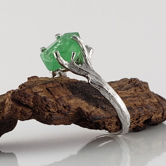 Hand-cut Green Tsavorite Garnet in 14k White Gold Hand Sculpted Twig Engagement Ring, Gemstone Solitaire by Dawn Vertrees