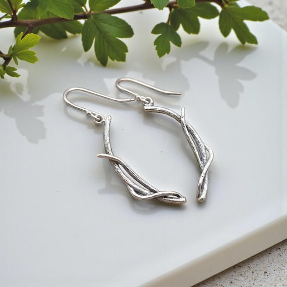 Sterling Silver Twig Earrings – Nature Woven Botanical Dangle Earrings, Valentine's Day Gift, Jewelry