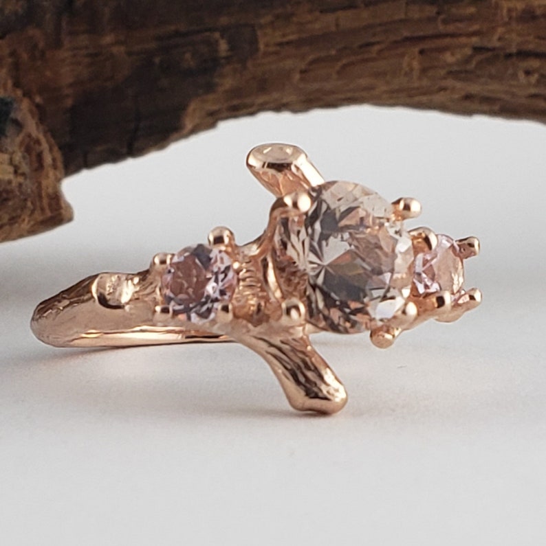 3 Stone Pink Morganite Ring Morganite Ring Set Morganite Rings Gold Engagement Ring Diamond Ring Twig Ring image 2