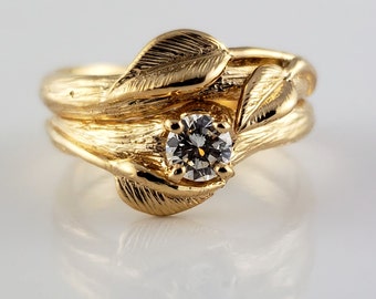 Round Moissanite Bridal Set, Branch texture with 3 hand sculpted leaves shown in 14k Yellow Gold by DV Jewelry Designs