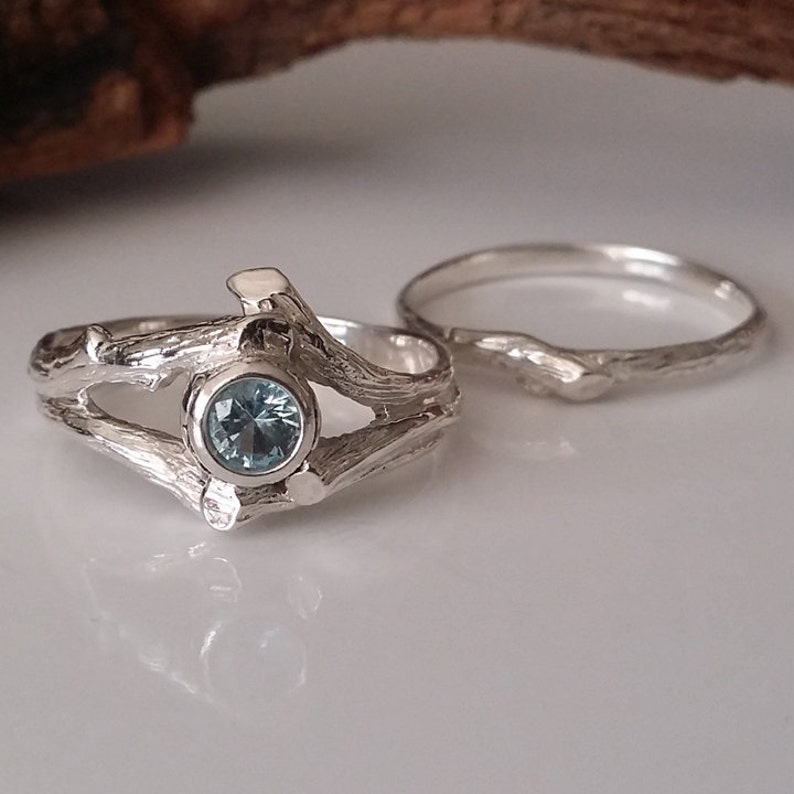 14k Gold Twig Style Engagement Ring, Blue Aquamarine Wedding Band Set, Bridal Set, Branch, Nature, Tree Style by Dawn Vertrees image 1