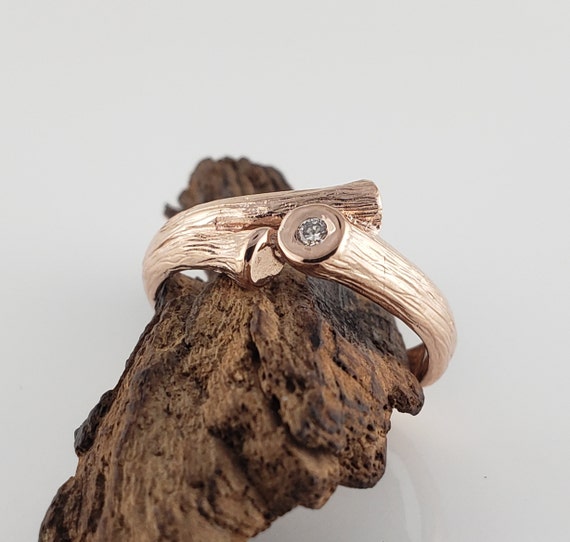 Split Twig Wedding Band with Diamond - Faceted Diamond - Solid Gold Wedding Band, Twig Ring - Statement Ring by DV Jewelry Designs