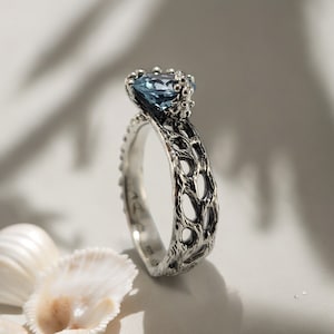 Beach Wedding Topaz Engagement Ring, Starfish Jewelry, Ocean Accessories - Handcrafted Silver Band, Swiss Blue Topaz - Lost Wax Method