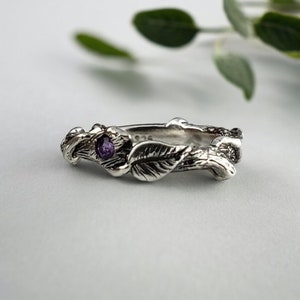 Hand modelliert Sterling Silber Amethyst Blatt Zweig Ring von Dawn Vertrees