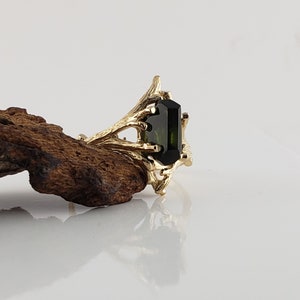 Raw Hand Cut Polished Green Tourmaline Engagement Ring, Bridal Set, Anniversary Ring in a 14k Yellow Gold Twig Setting by Dawn image 1