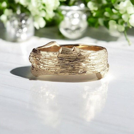 Wood Texture Branch Wedding Band in Solid Gold, Unisex Rings, Hand Sculpted by DV Designs