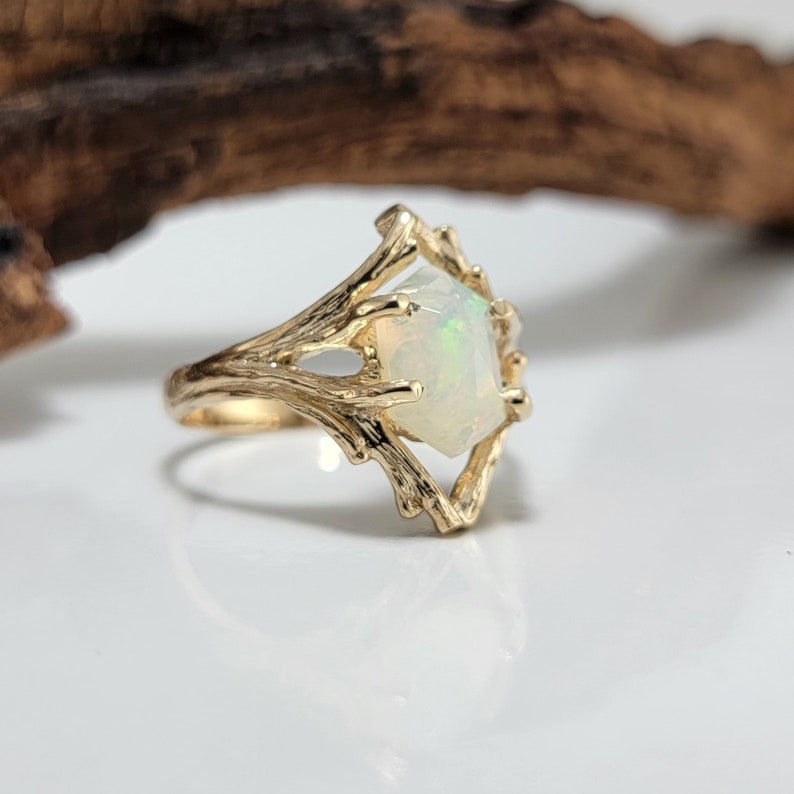 Ethiopian Hexagon Opal Twig and Branch Engagement Ring in Solid Yellow Gold, by DV Jewelry Designs image 8