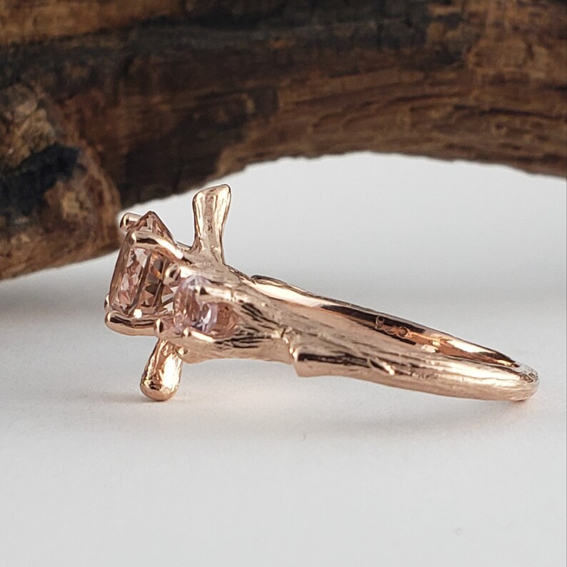 3 Stone Pink Morganite Ring Morganite Ring Set Morganite Rings Gold Engagement Ring Diamond Ring Twig Ring image 4