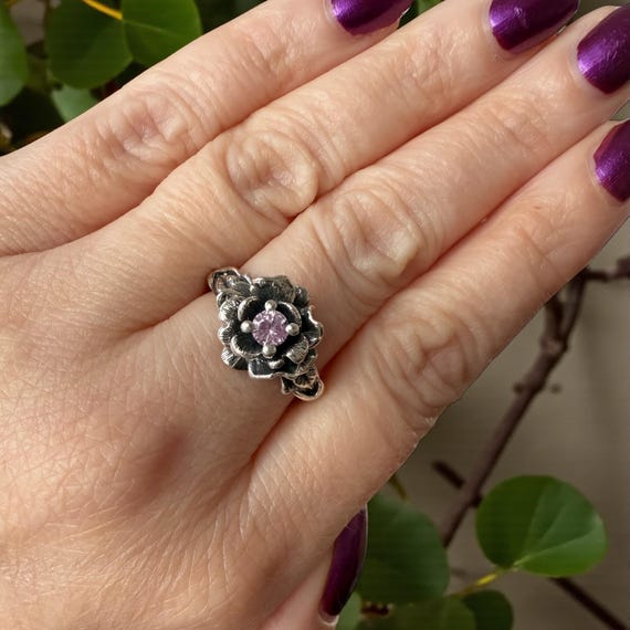 Pink Sapphire Rose Ring in Sterling Silver - Natural Gemstone Floral Engagement Ring