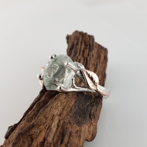 Hand Cut Aquamarine, 14k White Gold Twig Engagement Ring with 14k Rose Gold Leaves, Two Tone Wedding Ring image 1