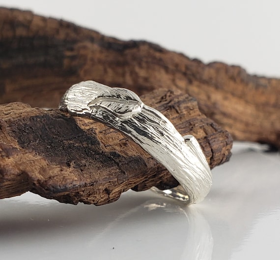 14K White Gold Unique Wedding Band - 14k Solid Gold Ring - Silver Leaf Ring - Branch Ring - Comfort Fit Band