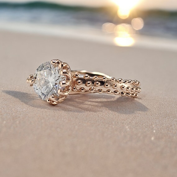 Round Moissanite Beach Style Wedding Band Engagement Ring, Starfish Jewelry - Ocean Beach Accessories - Jewelry Gifts by DV Jewelry Designs