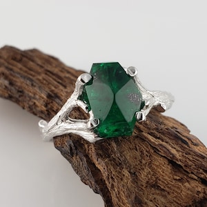 Raw Emerald Gemstone Twig Engagement Ring- Solid White Gold Emerald Birthstone Ring by DV Jewelry Designs