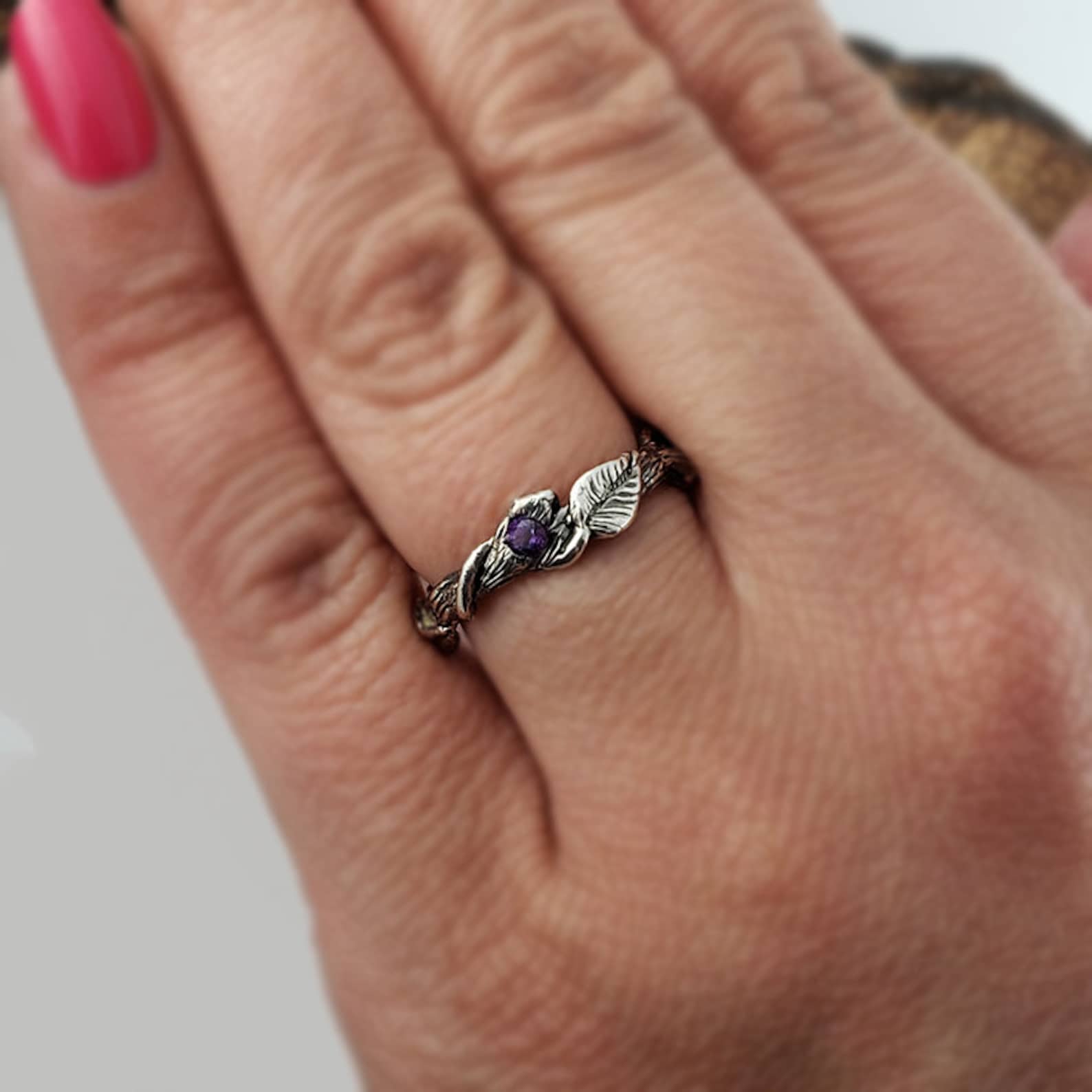 Gemstone Hand Sculpted Leaf Twig and Vine Silver Promise Ring Etsy