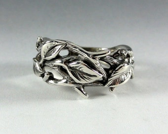 Sterling Silver Leaf and Twig Band Ring, Tree Branch Ring, Leaf Ring, Unisex Jewelry by DV Jewelry Designs