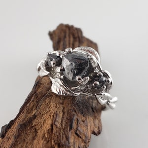 Leaf and Twig Rough Salt and Pepper Raw Diamond Engagement Ring, Three Diamonds in Solid Gold by DV Jewelry Designs