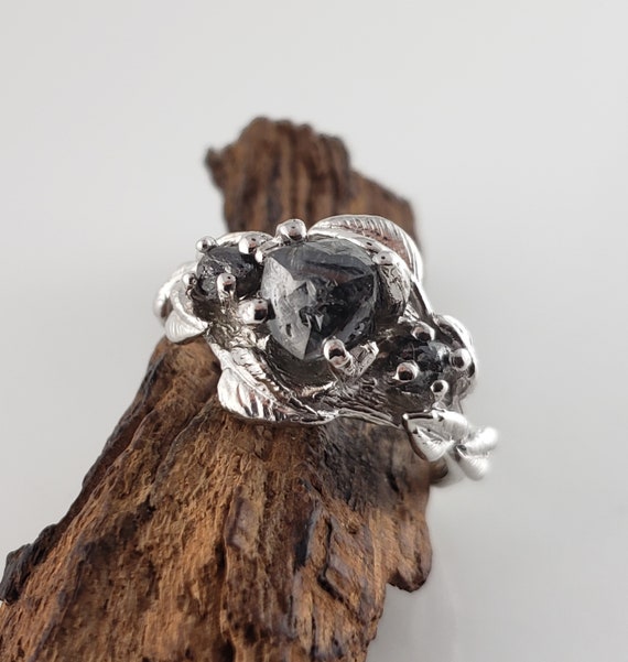 Leaf and Twig Rough Black Raw Diamond Engagement Ring, Three Diamonds in Solid Gold by DV Jewelry Designs