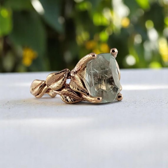 Handmade Aquamarine Engagement Ring in Solid Gold, Twig and Leaf Handmade Gemstone Ring, Anniversary Ring