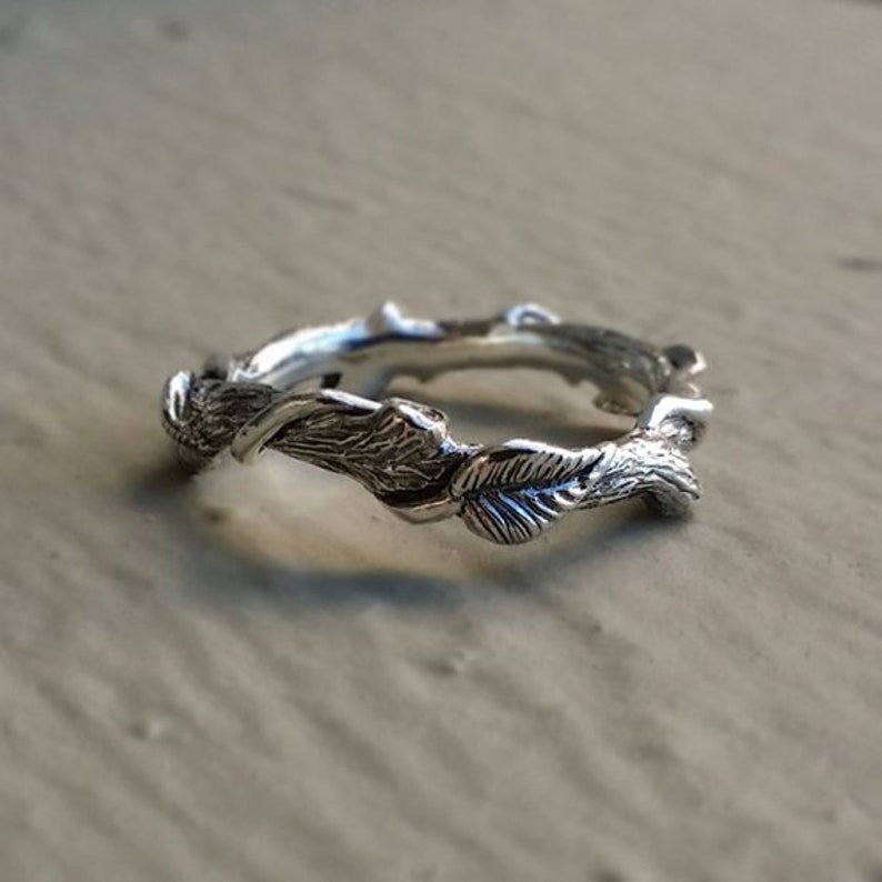 Hand Sculpted Silver Leaf Ring Vine Ring Sterling Silver Ring Feather Ring Hematite Ring image 7