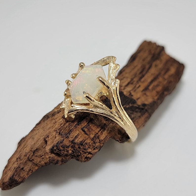 Ethiopian Hexagon Opal Twig and Branch Engagement Ring in Solid Yellow Gold, by DV Jewelry Designs image 2