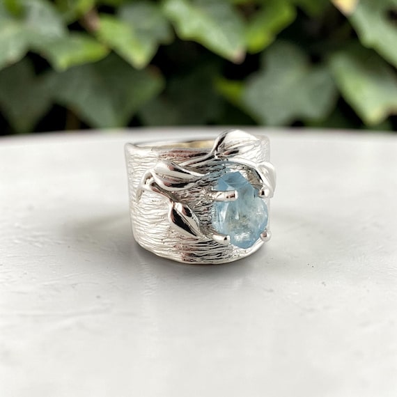 Handmade Sterling Silver Aquamarine Ring – Leaf & Twig Wide Band