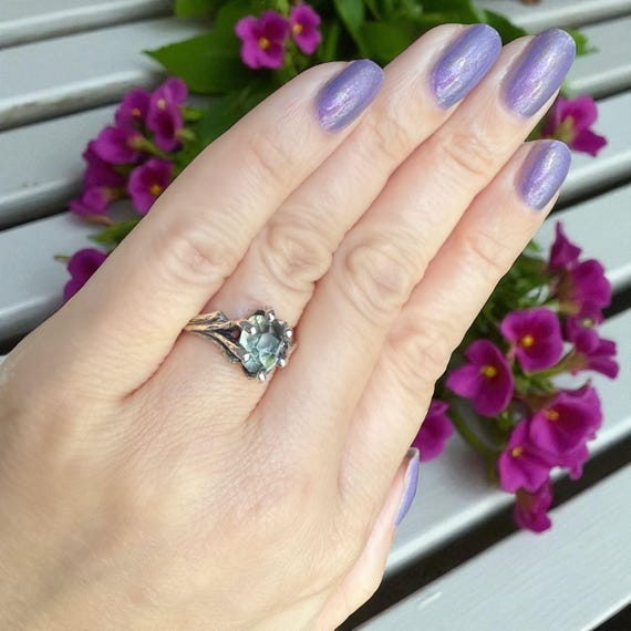 Green Amethyst Sterling Silver Engagement Ring Nature Inspired Set by DV Designs