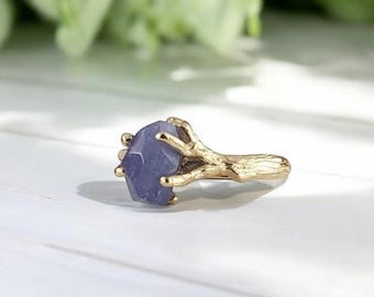 Yellow Gold Raw Tanzanite Ring - Gemstone Engagement Ring - Gold Engagement Ring - Raw Tanzanite - Tanzanite Gemstone