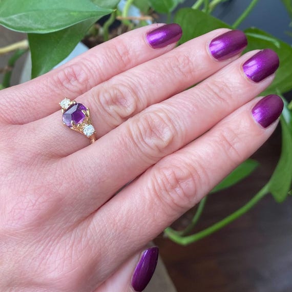 Engagement Ring - Moissanite & Amethyst Birthstone Wedding Band, Nature Inspired Yellow Gold Jewelry, Ring of the Day!