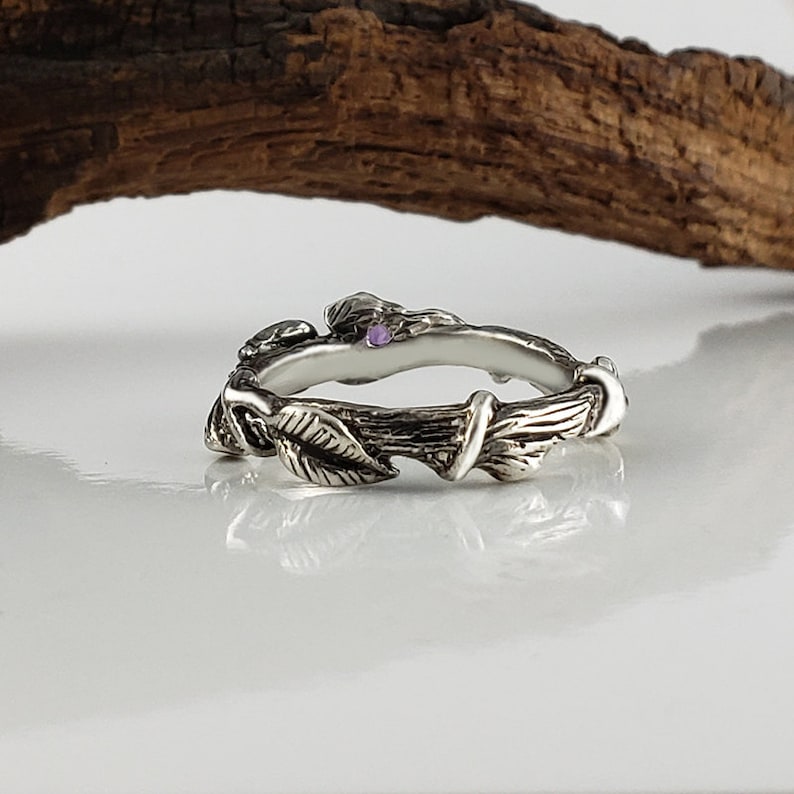 Gemstone Hand Sculpted Leaf Twig and Vine Silver Promise Ring, Eternity Ring, Oxidation, Wedding Ring, Engagement Ring by Dawn Vertrees image 5