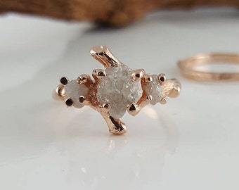 Rough Uncut Three Diamond Twig Engagement Ring, Diamond Branch Style Bridal Set, Custom Made-to-Order, Hand Sculpted by Dawn Vertrees