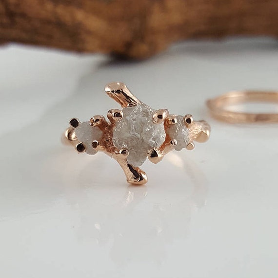 Rough Uncut Three Diamond Twig Engagement Ring, Diamond Branch Style Bridal Set, Custom Made-to-Order, Hand Sculpted by Dawn Vertrees