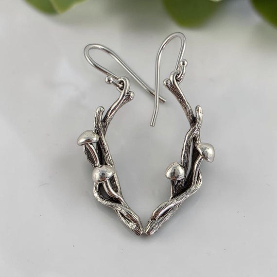 Sterling Silver Mushroom Earrings, Handmade Twig Branch Earrings, Nature Inspired Woodland Jewelry Gift for Her
