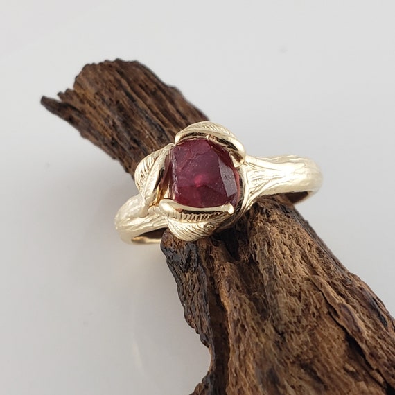 Ruby Engagement Ring with Leaves set in Solid 14k Yellow Gold by DV Jewelry Designs