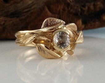 Moissanite Leaf Wedding Ring Set: 14k Gold Twig Bridal Jewelry