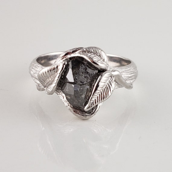 Diamond Leaf and Twig Engagement Ring, Partially Hand Cut Salt and Pepper Diamond by DV Jewelry Designs