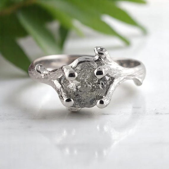 Raw Diamond Ring, Salt and Pepper Rough Diamond Twig Engagement Ring Solid Gold, Goth Engagement Ring