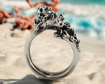 Anello in argento sterling con corallo da spiaggia / Gioielli particolari per gli amanti dell'oceano / Design e regali artigianali unici