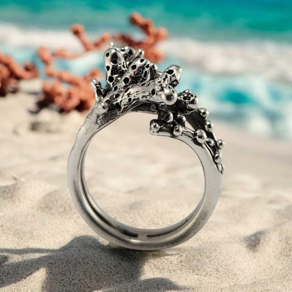 Sterling Silver Beach Coral Ring | Statement Jewelry for Ocean Lovers | Unique Handcrafted Design & Gifts