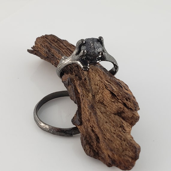 14k Yellow Gold Black Ruthenium Rough Uncut Black Diamond Engagement Set, Twig Wedding Set, Engagement Rings by DV Jewelry Designs