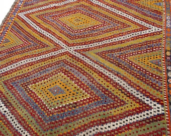 7x11 Vintage Turkish Kilim Rug, Muted Rug, Geometric Kilim, Large Oushak Kilim Rug, 6'8" x 10'1"
