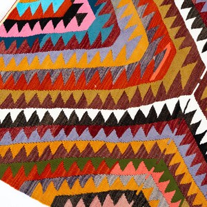 K&ouml;nnte beinhalten: Ein farbenfroher, geometrisch gemusterter Teppich mit einer Vielzahl von Farben, darunter Orange, Rot, Gelb, Blau, Rosa und Schwarz. Der Teppich weist ein sich wiederholendes Zickzack-Muster auf, das eine strukturierte Oberfl&auml;che erzeugt. Der Teppich ist wahrscheinlich aus gewebtem Stoff.