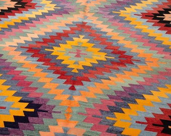 7x10 Vintage Kilim Rug, Large Area Rug, Geometric Rug, Multicolor Bohemian Kilim, Wool Kelim, 6'7" x 10'5"